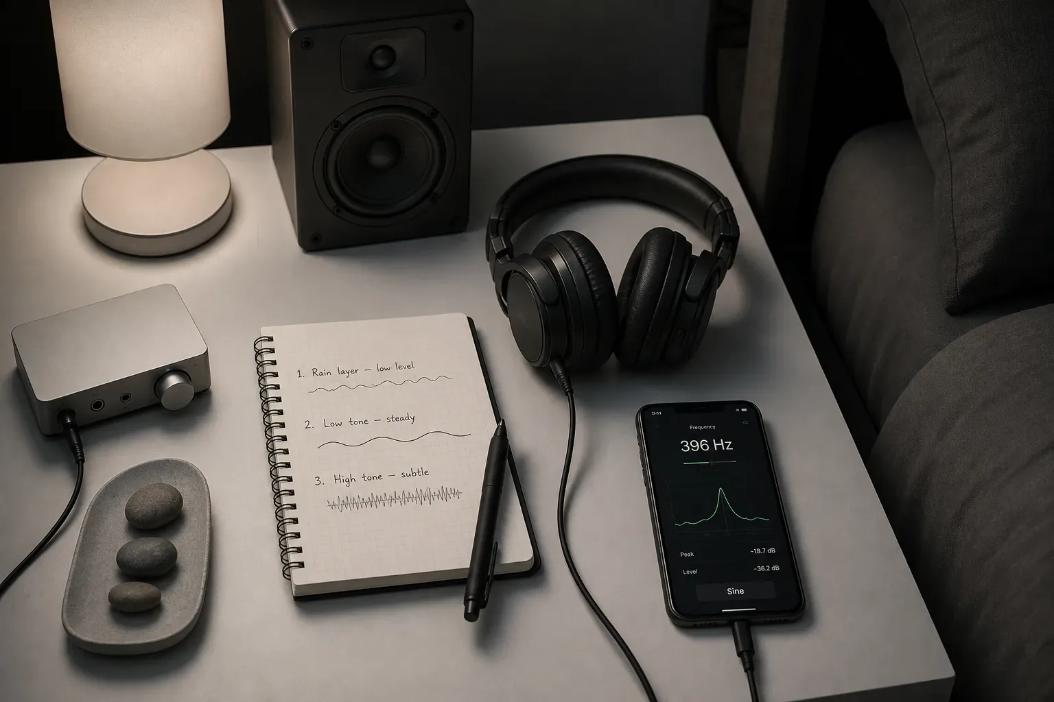 Quiet headphones beside a frequency meter at night
