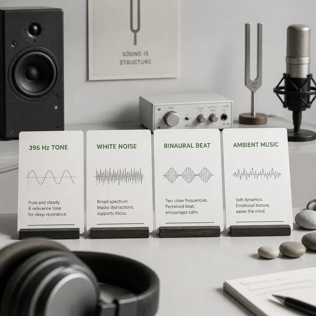 Sound choice cards comparing tone noise beats and music