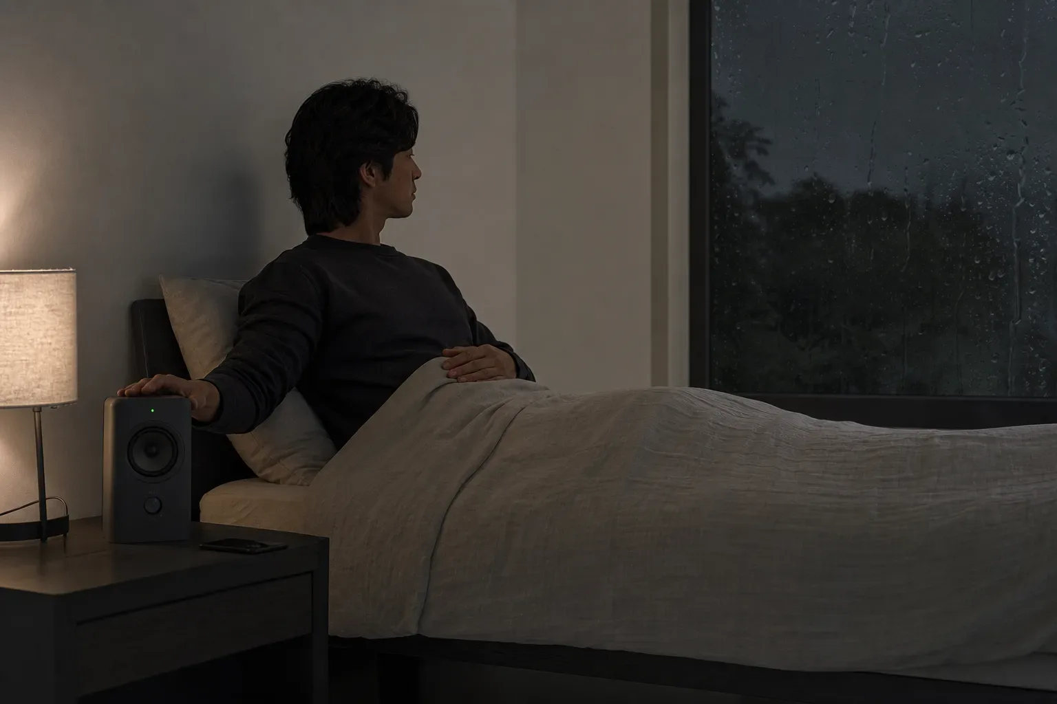 Person atmet ruhig neben einem gedimmten Lautsprecher am Bett