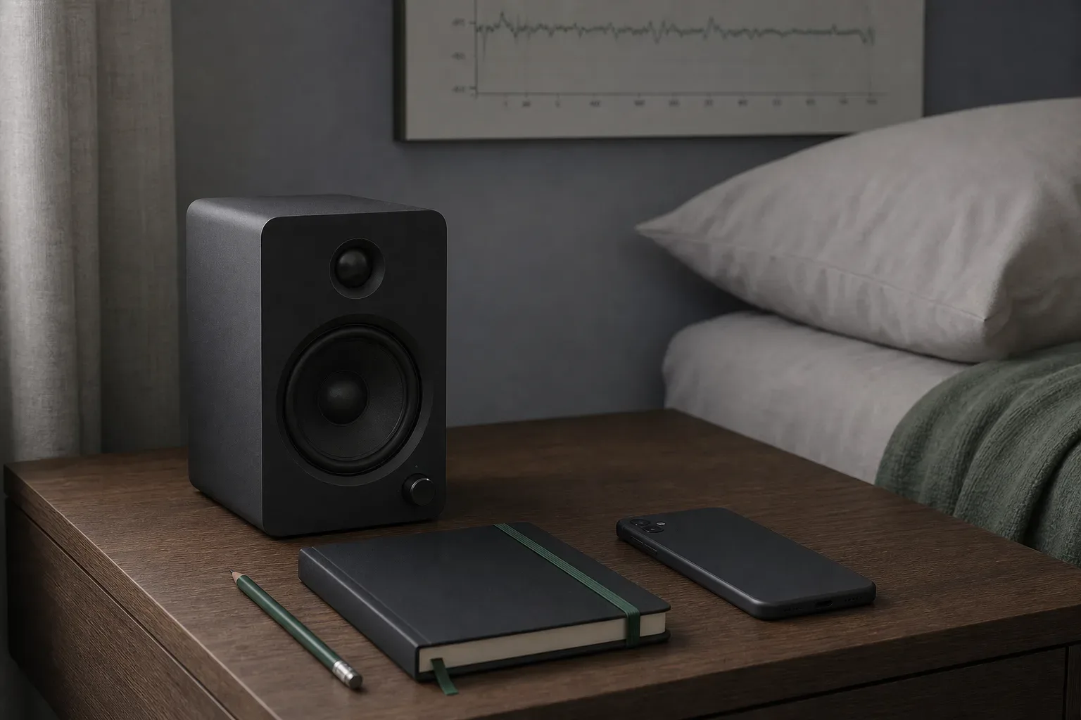 Soft speaker beside notebook in dim evening light