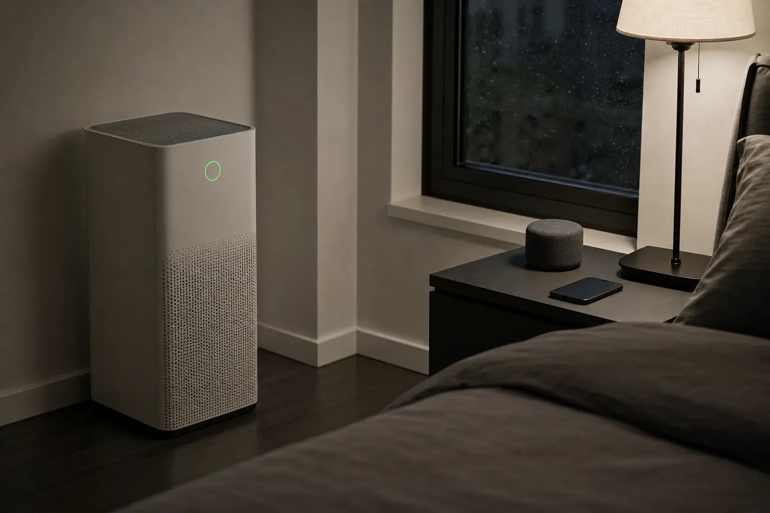 Air purifier beside a speaker in a quiet bedroom