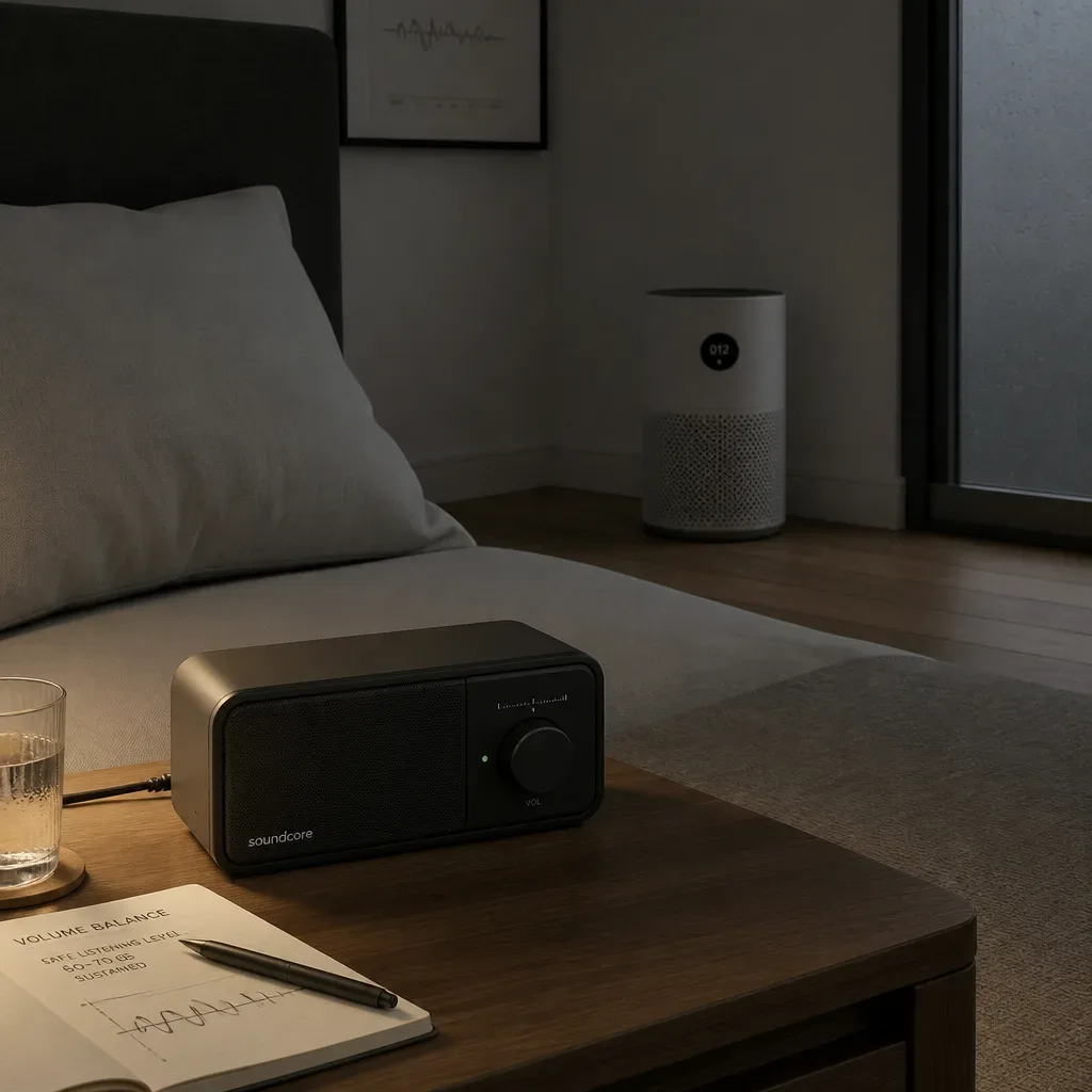 Speaker near pillow with purifier farther away