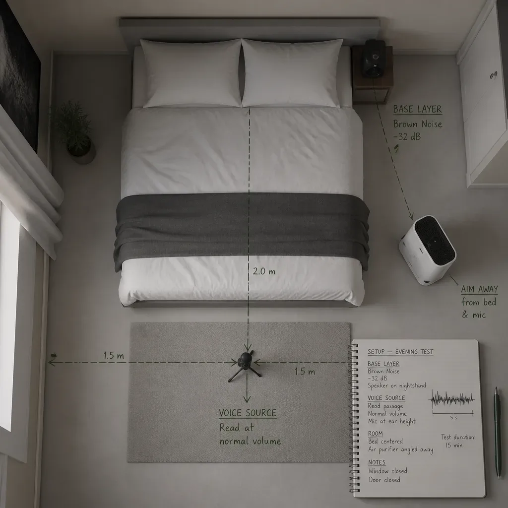 Bedroom setup map with purifier and speaker positions