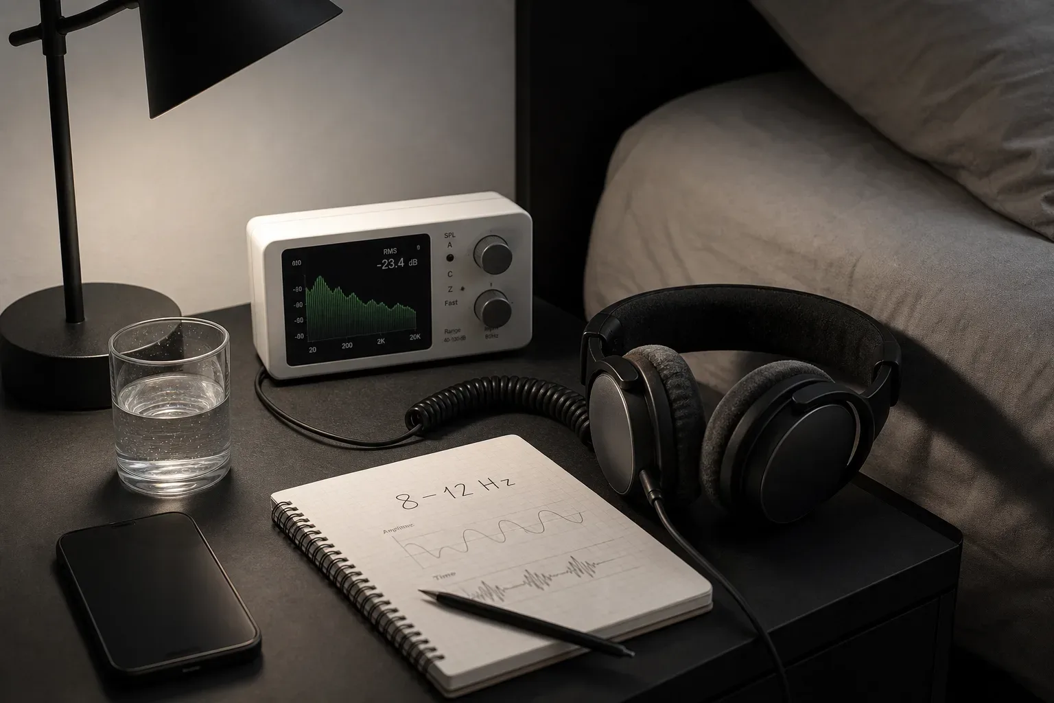 Cuffie accanto a un misuratore audio da comodino in luce soffusa
