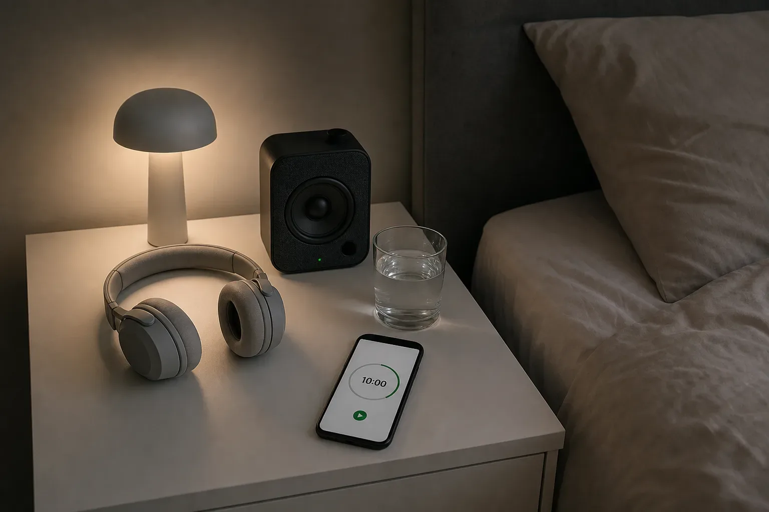 Headphones beside a dim bedside lamp