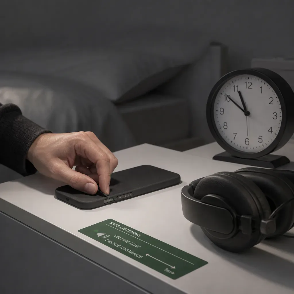 Hand setting low volume beside headphones