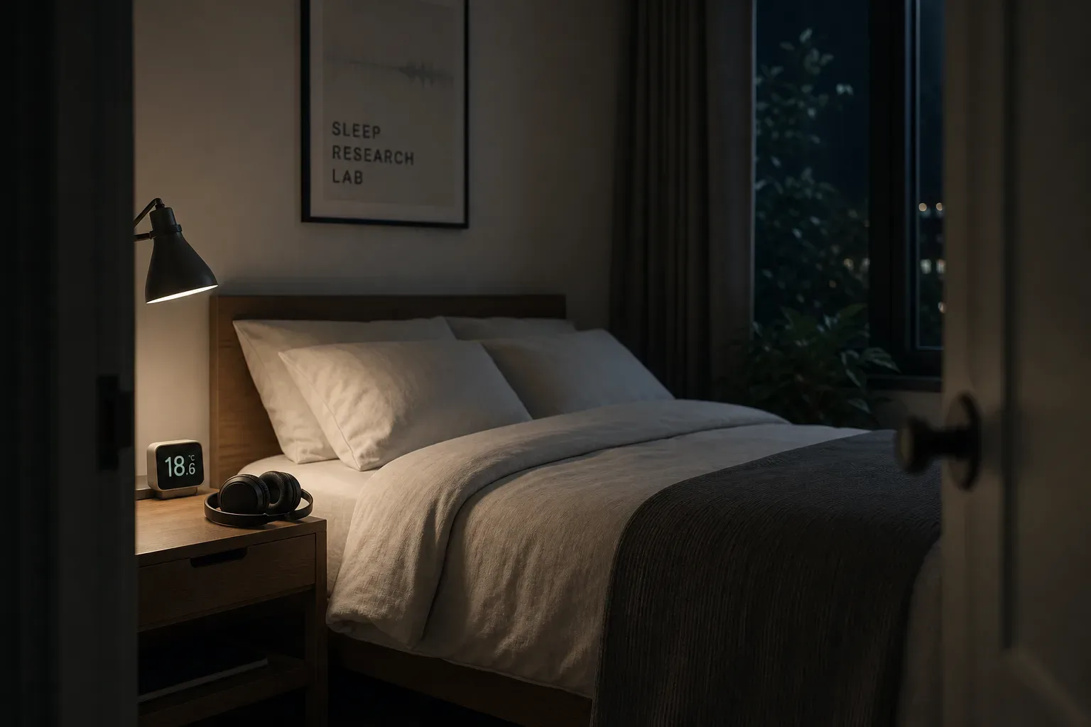 Kühles Schlafzimmer mit Kopfhörern neben einer gedimmten Lampe