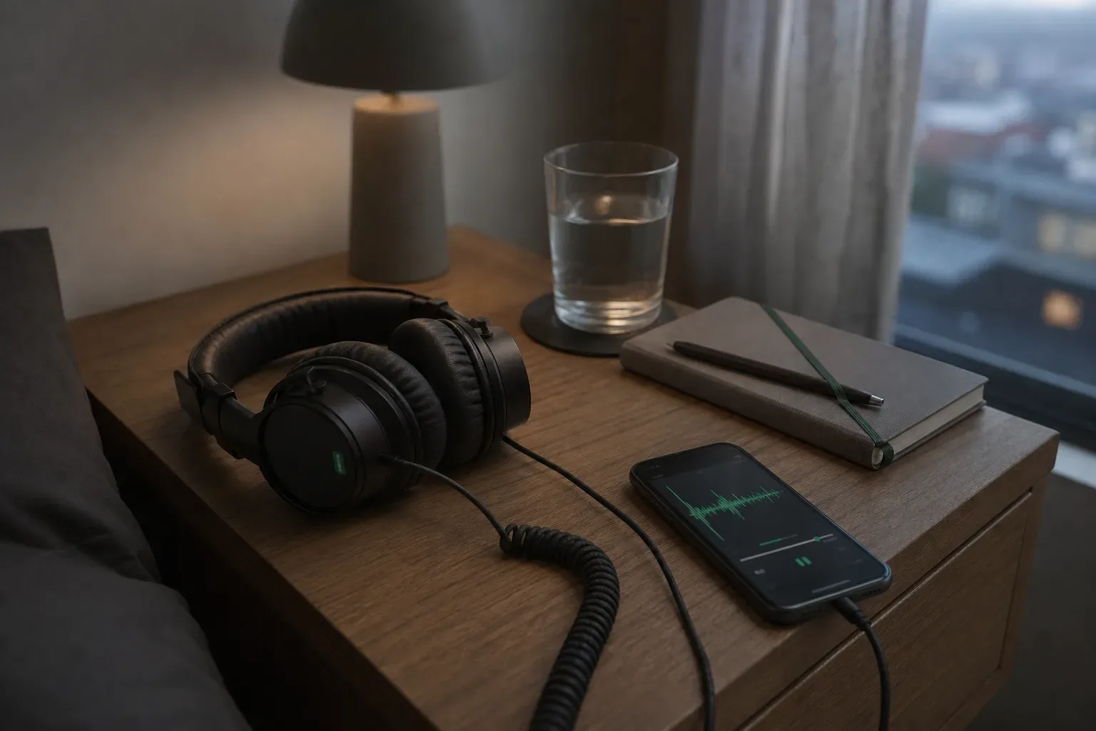 Headphones beside a notebook in soft evening light