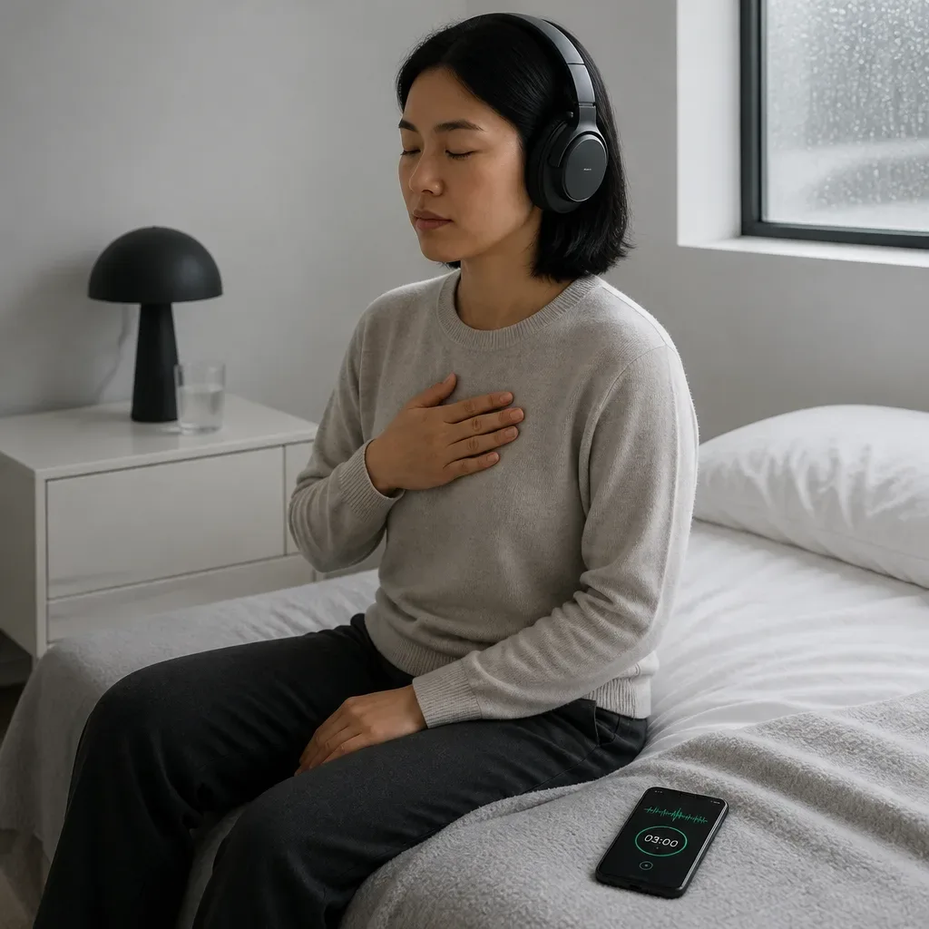 Listener using headphones before spoken audio