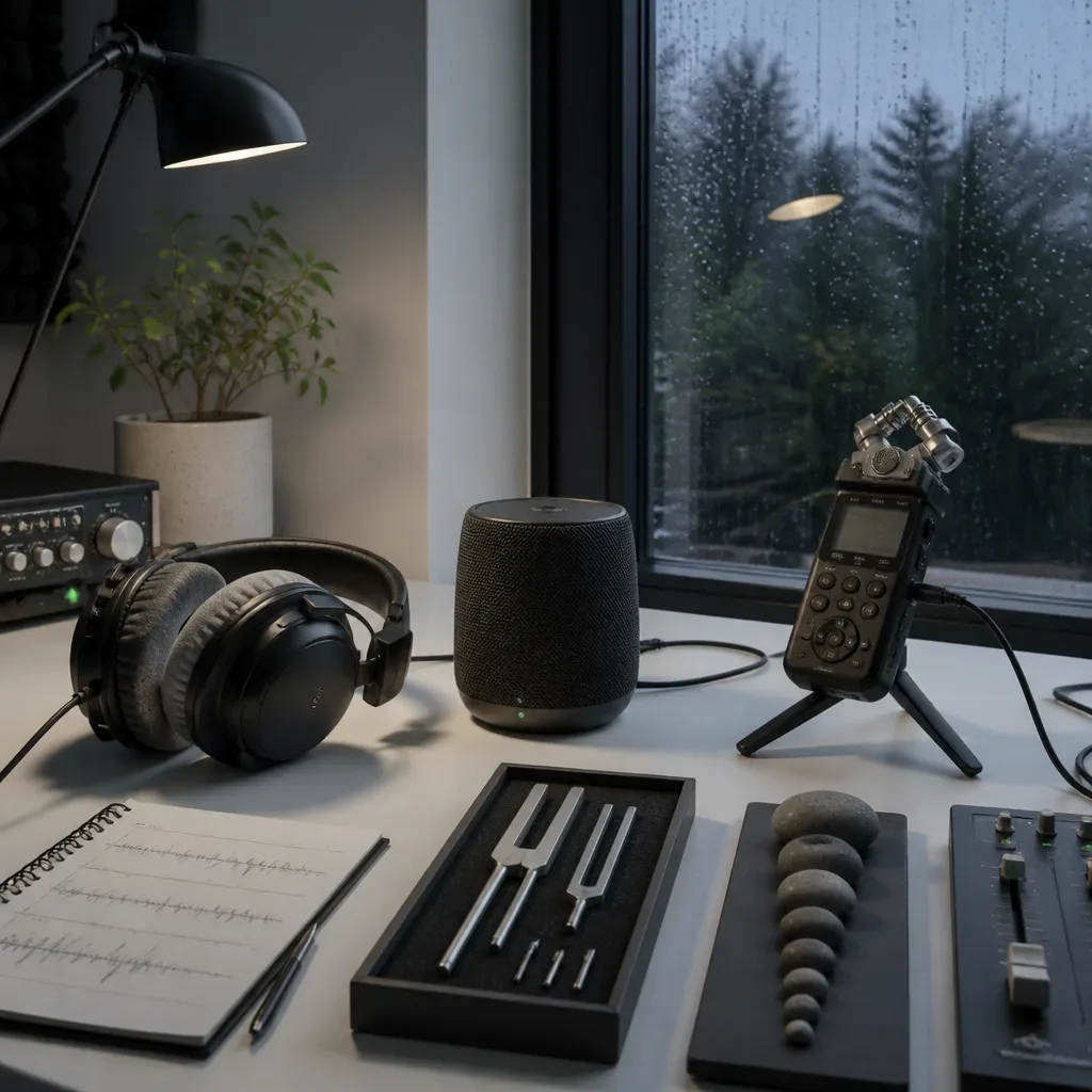 Headphones speaker and field recorder by window