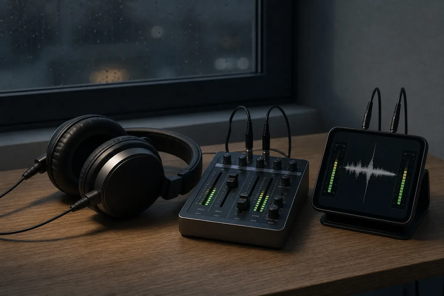 Cuffie accanto a un piccolo mixer audio al crepuscolo