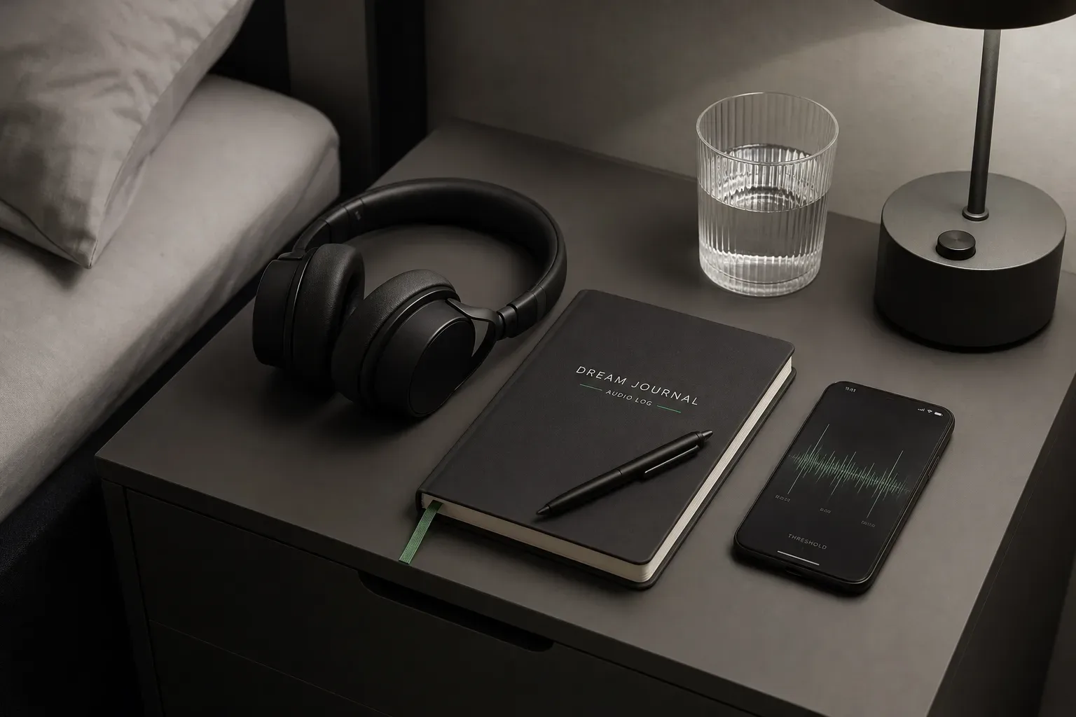 Headphones beside a dream journal on a nightstand