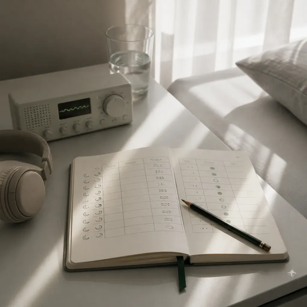 Dream recall log beside headphones in morning light