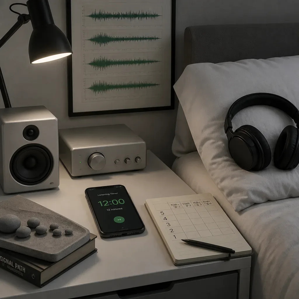 Cuffie sul comodino con timer e semplici note di monitoraggio