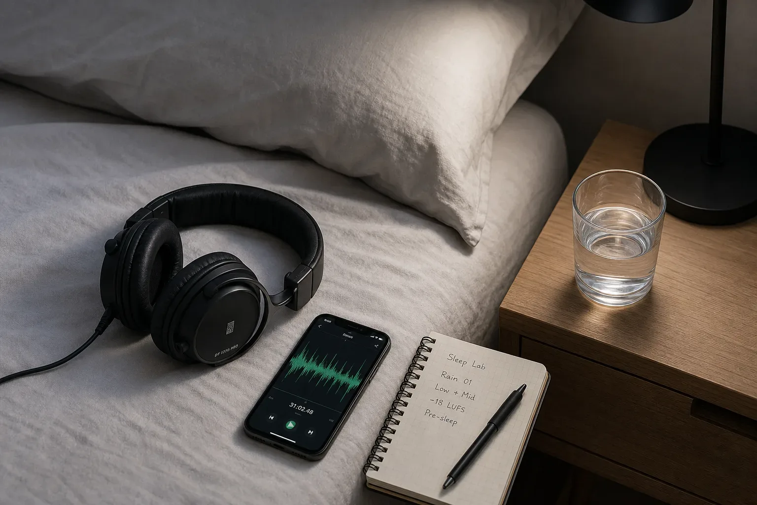 Headphones beside a quiet bedside audio setup