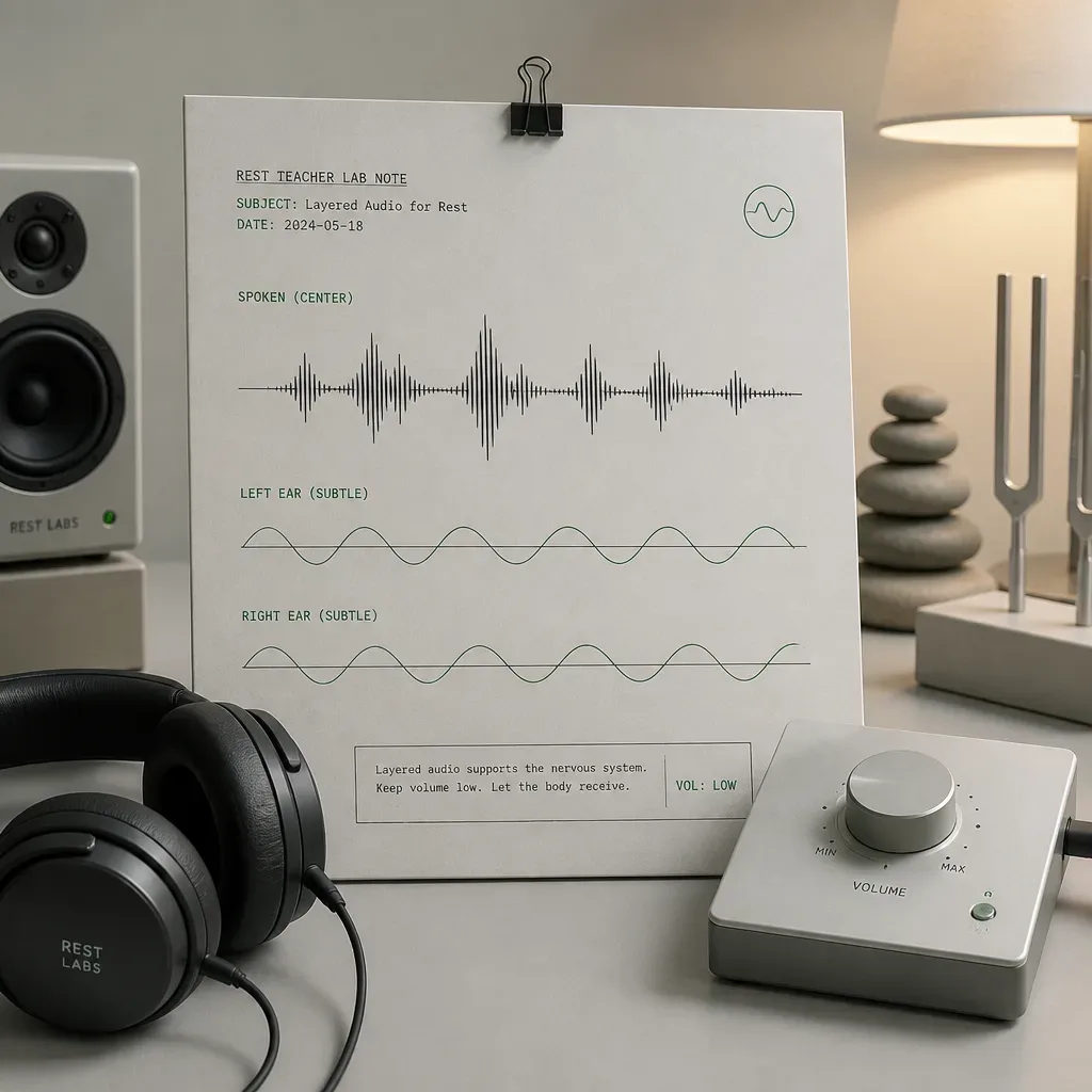 Layered voice waveform above subtle binaural tones
