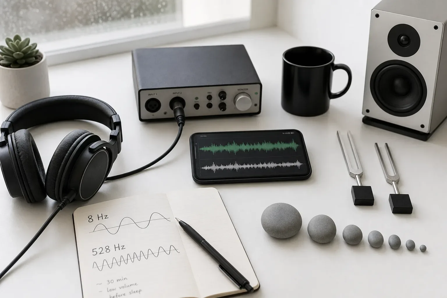 Fejhallgató rétegzett audio hullámformák mellett egy asztalon