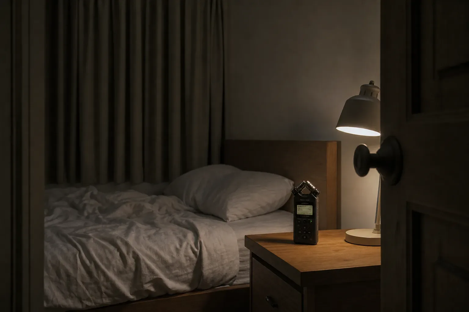 Dark bedroom with recorder and dim bedside light