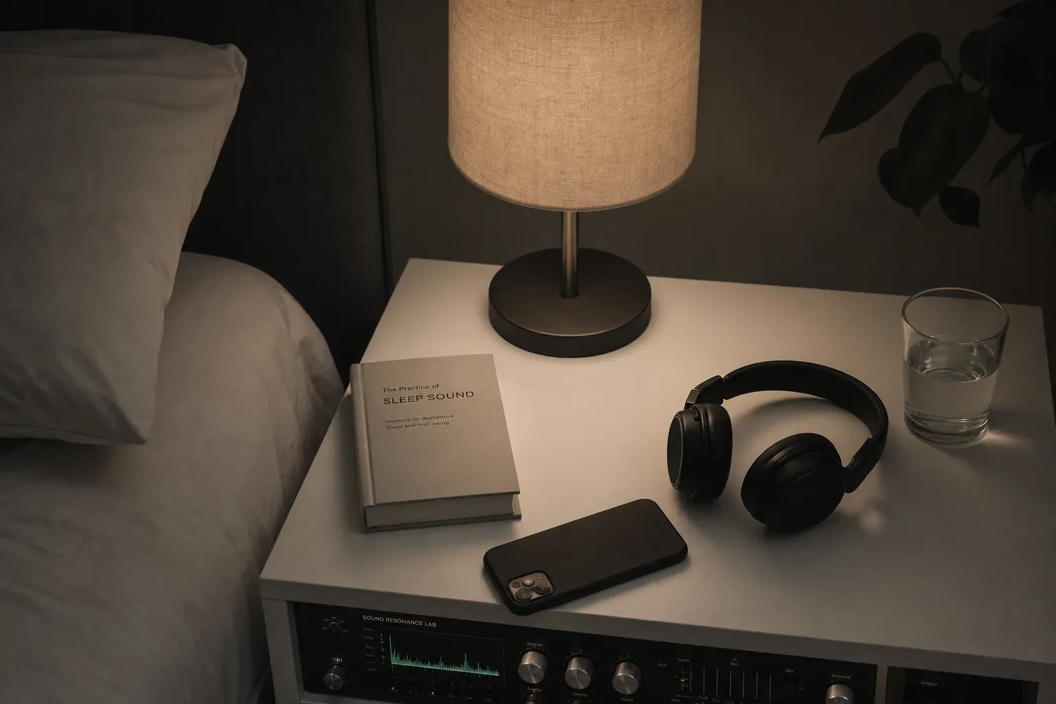 Dim bedside lamp beside headphones and a quiet phone