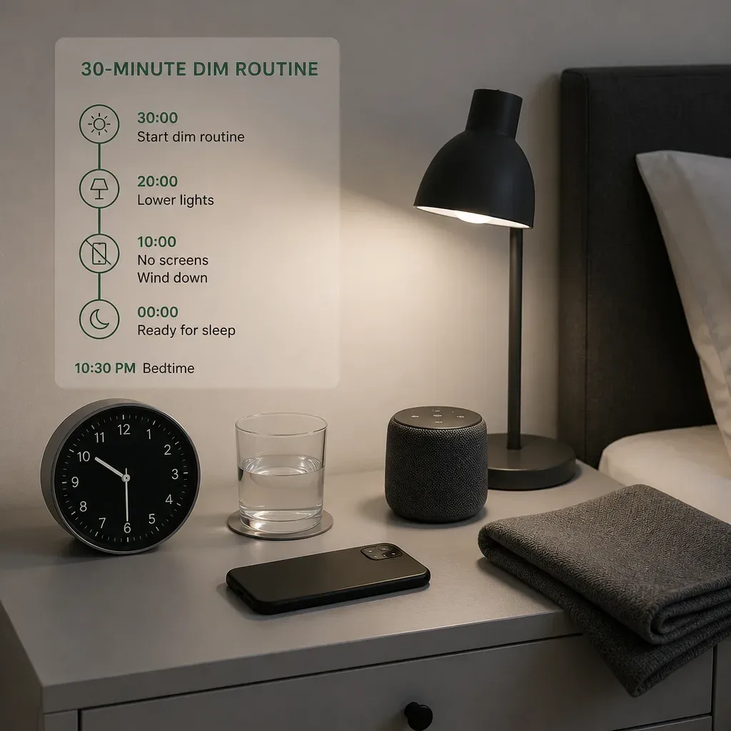 Thirty-minute dim routine arranged on a bedside table