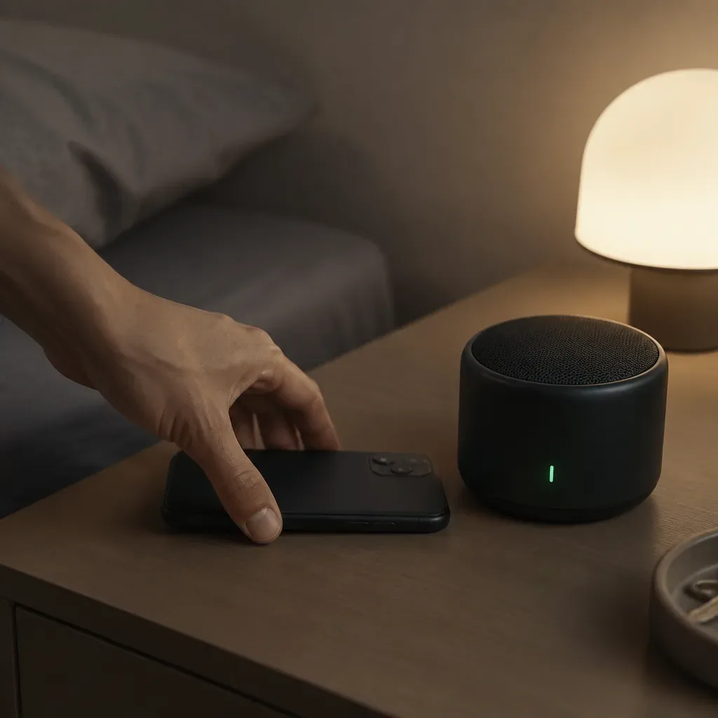 Phone placed face down beside a small speaker