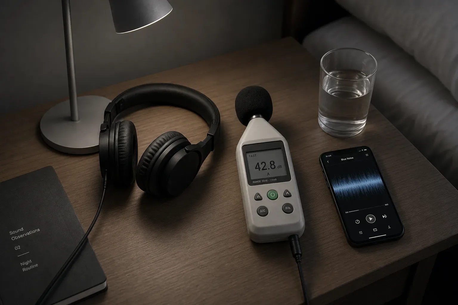 Headphones beside a blue-lit bedside sound meter