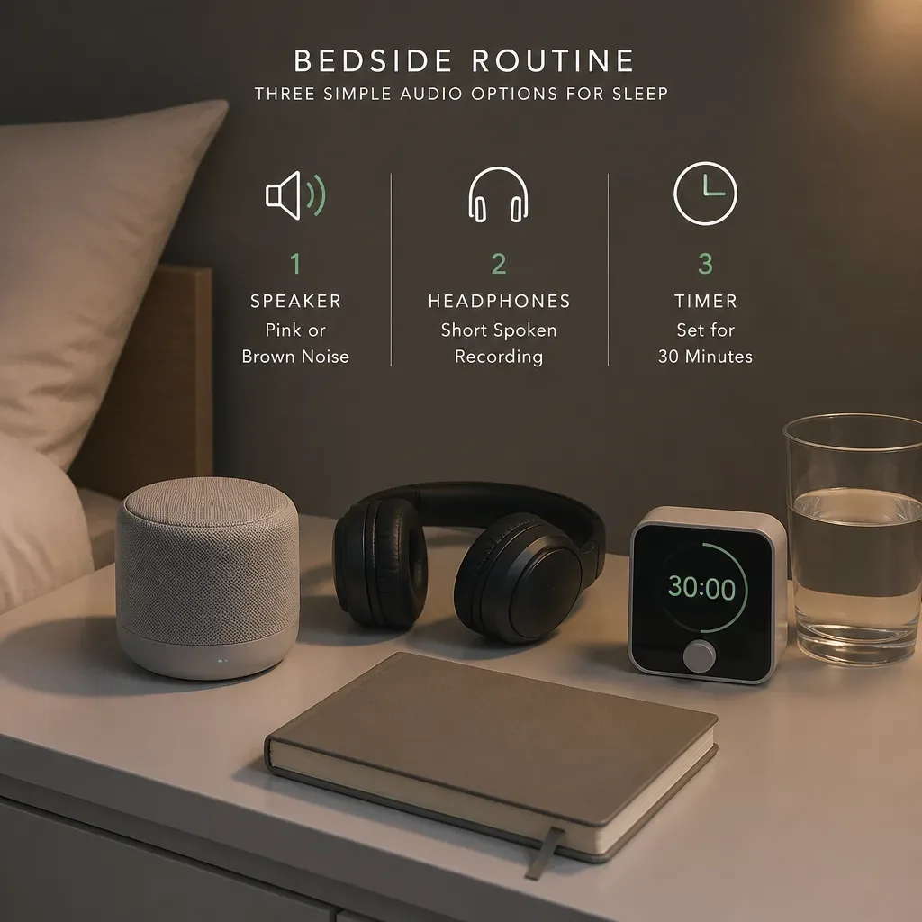 Bedside audio routine with speaker headphones and timer