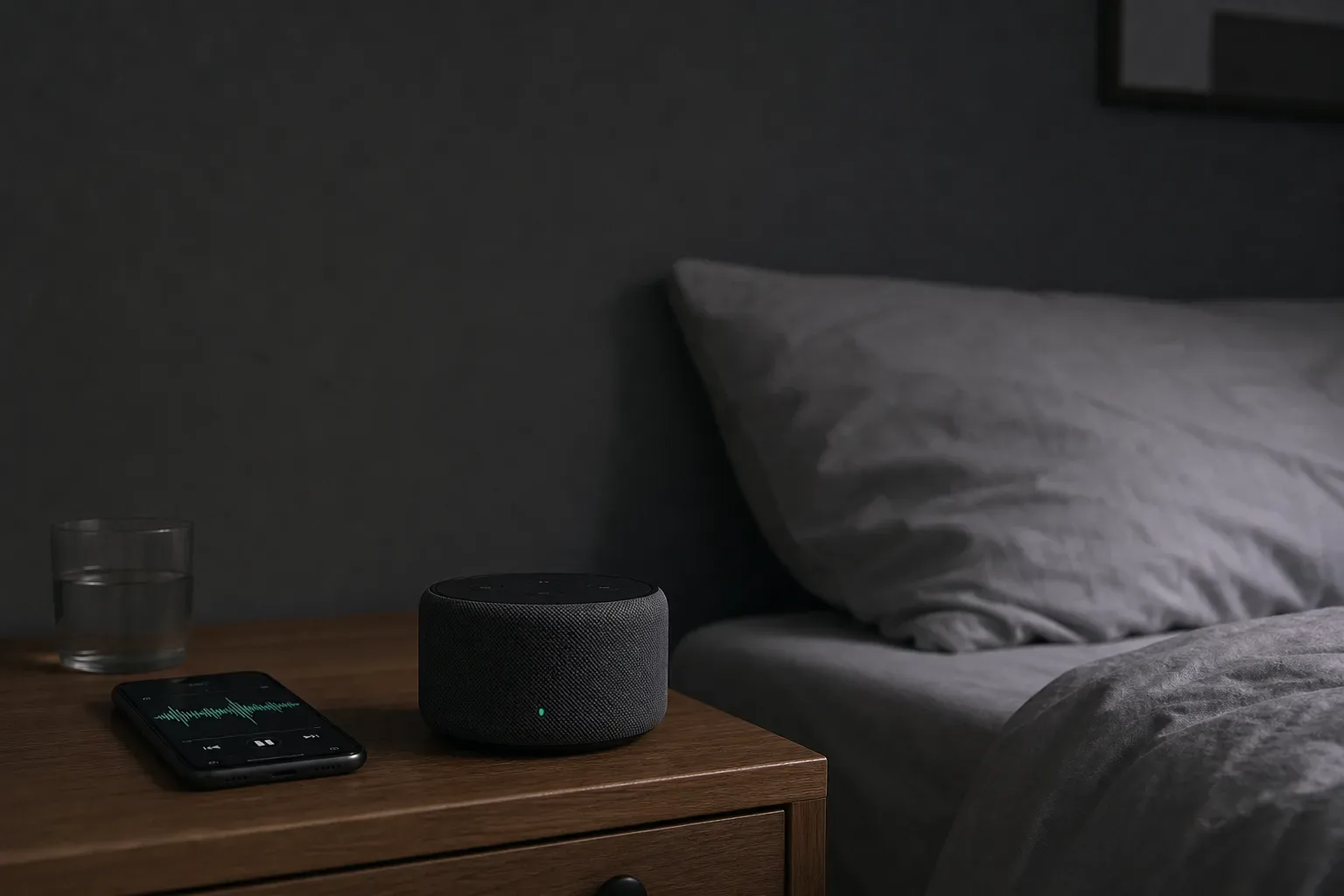 Bedside speaker playing brown noise in a dim room