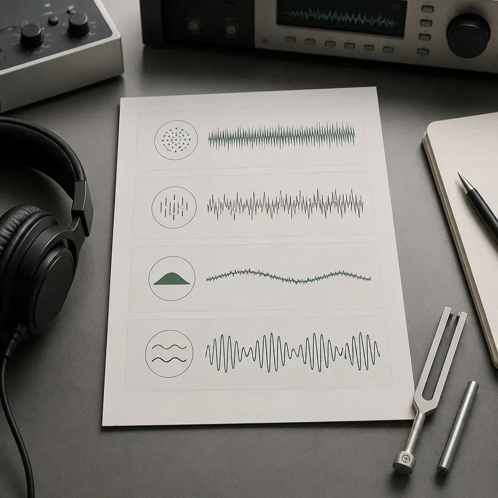 Four sound types compared on a quiet desk