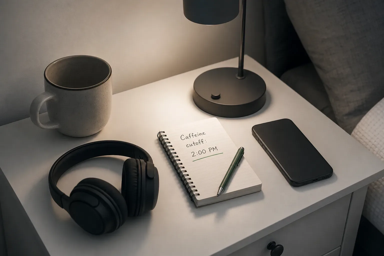 Mug beside headphones on a quiet bedside table