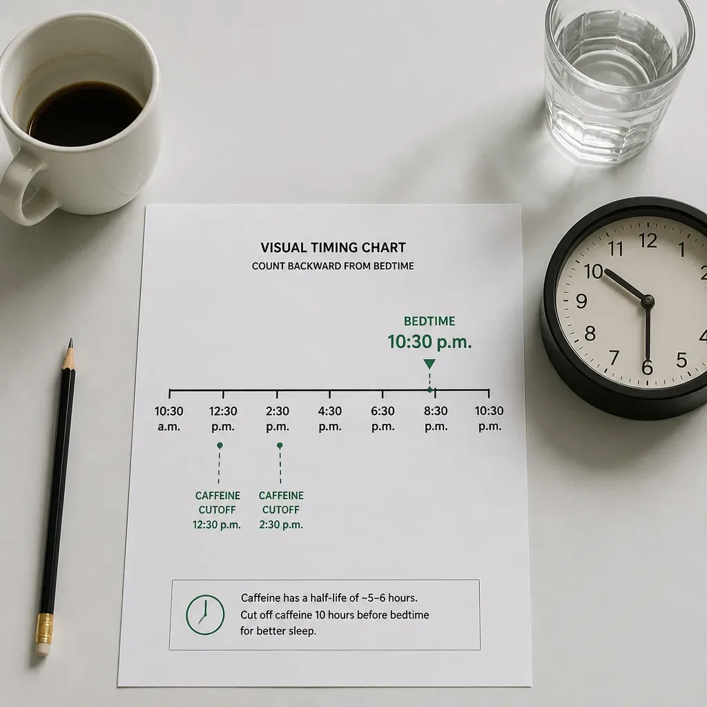 Caffeine cutoff chart beside coffee and clock