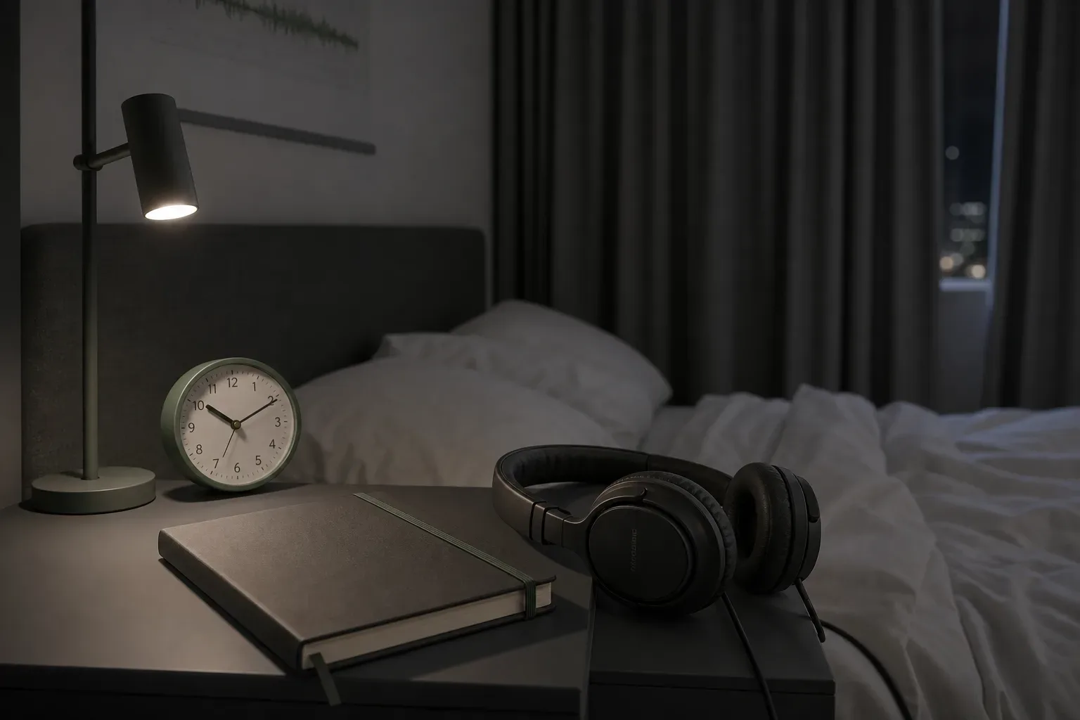 Bedside clock beside headphones in soft evening light