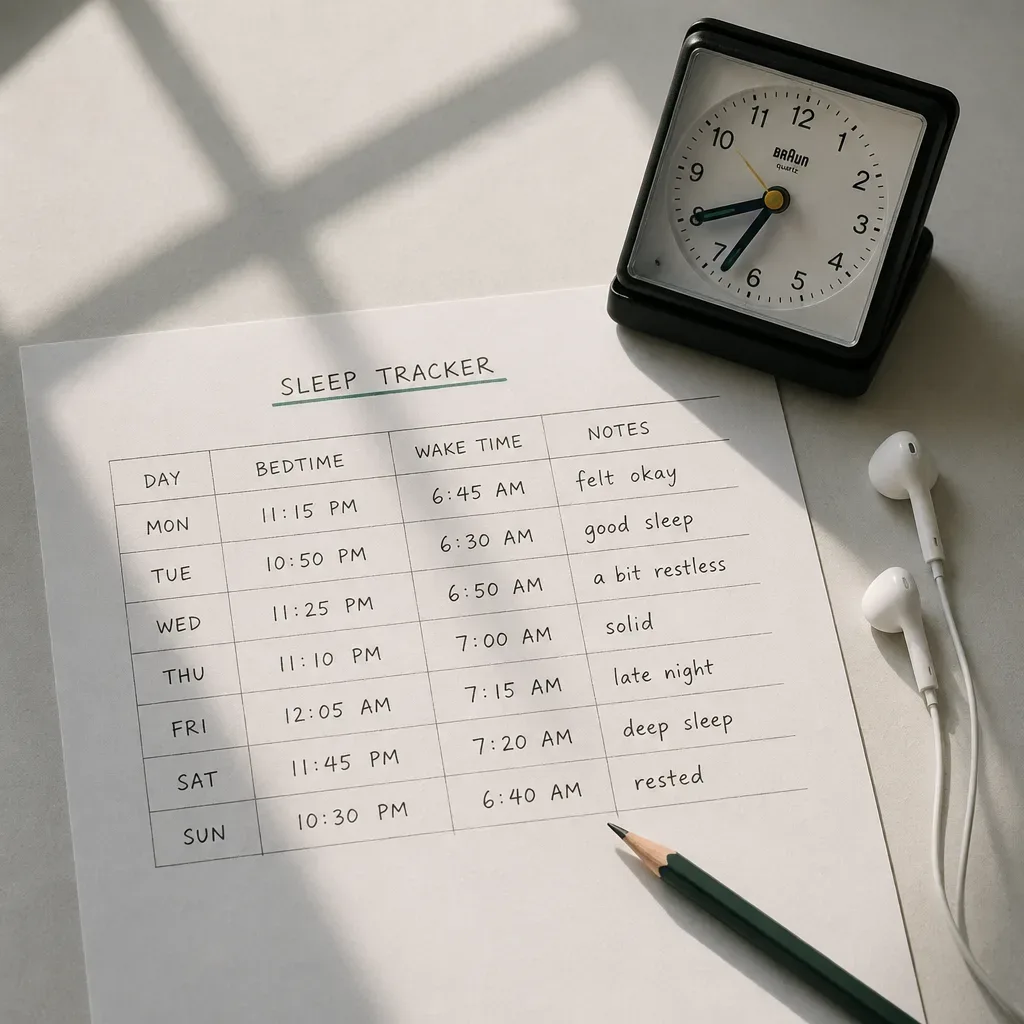 Handwritten sleep log beside clock and earbuds