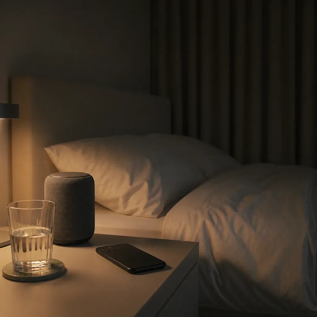 Small speaker and dim lamp beside quiet bed