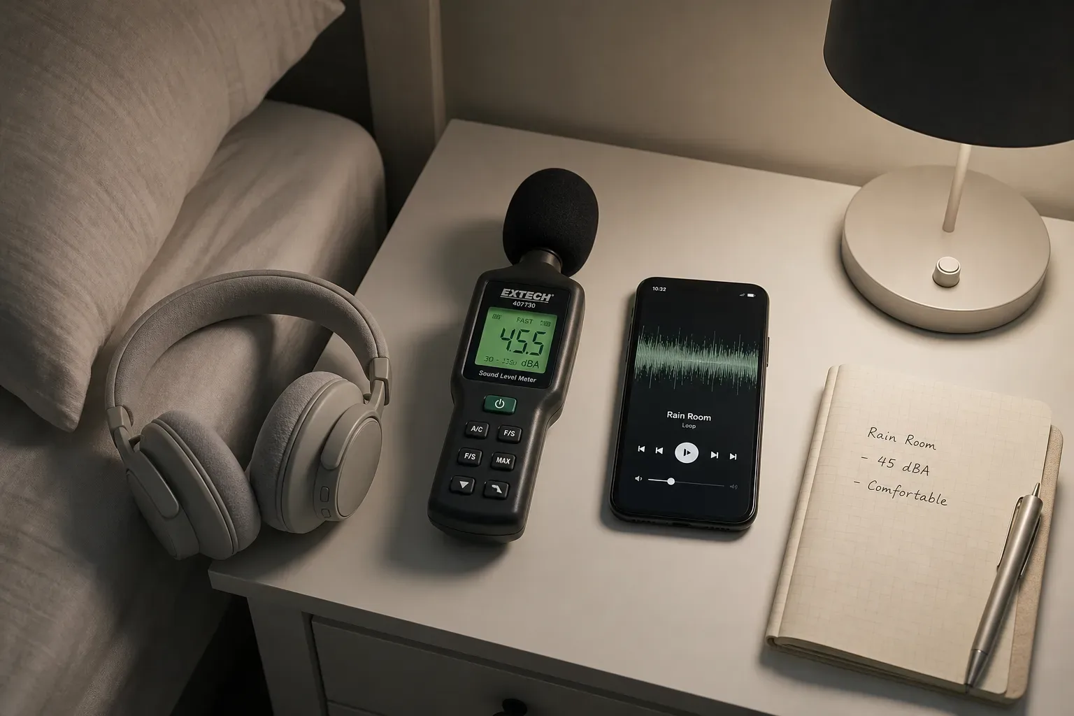 Audífonos junto a un medidor de audio tenue en la mesa de noche