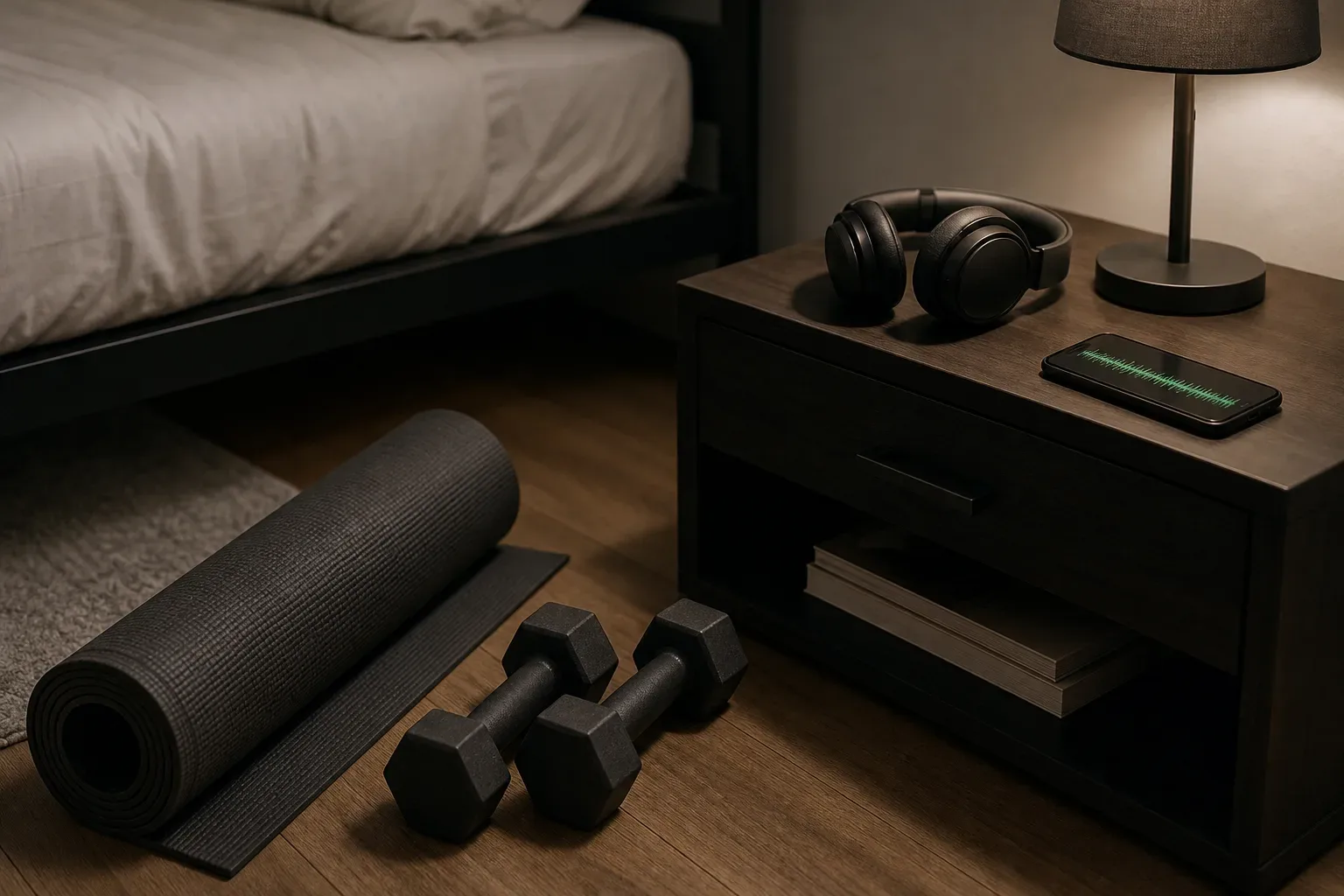 Headphones beside yoga mat in dim bedroom
