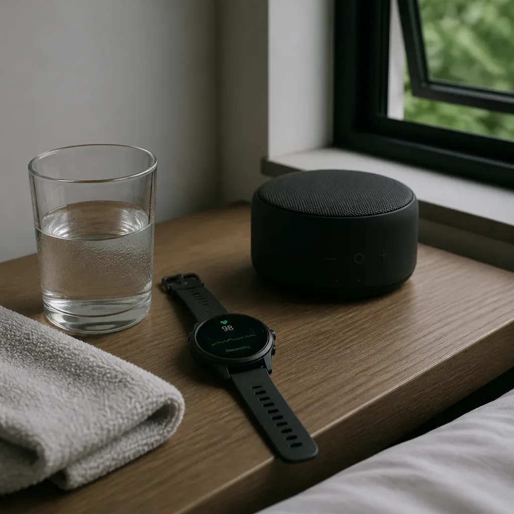Water towel and speaker after evening workout
