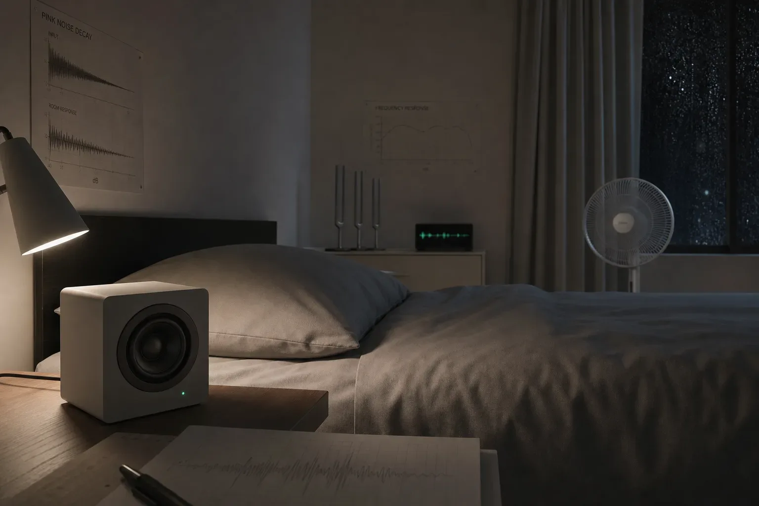 Caixa de som ao lado da cama tocando áudio perto de um ventilador silencioso