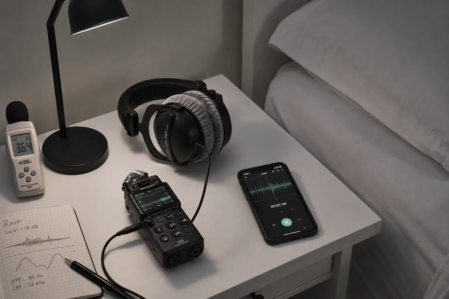 Headphones beside a dim bedside audio recorder