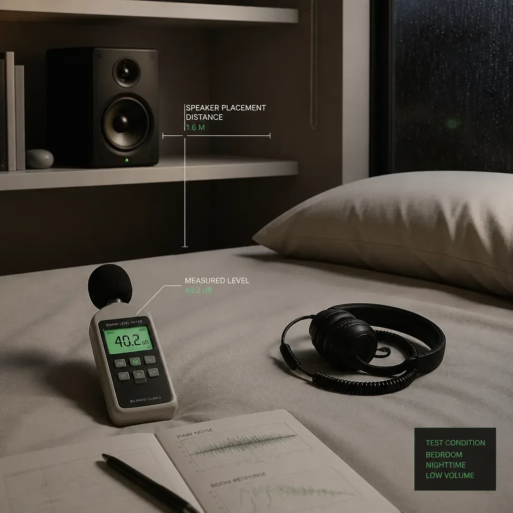Decibel meter beside a distant bedroom speaker