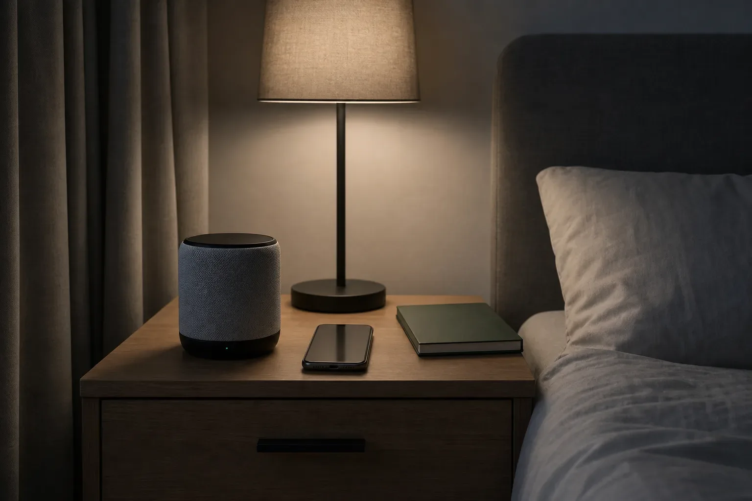 Bedside speaker playing soft noise beside a darkened bed