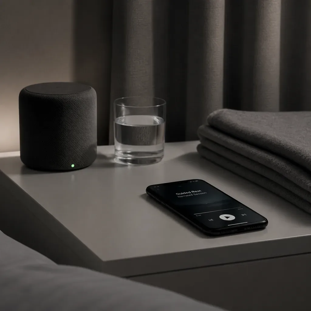 Phone and speaker layered for quiet bedtime audio