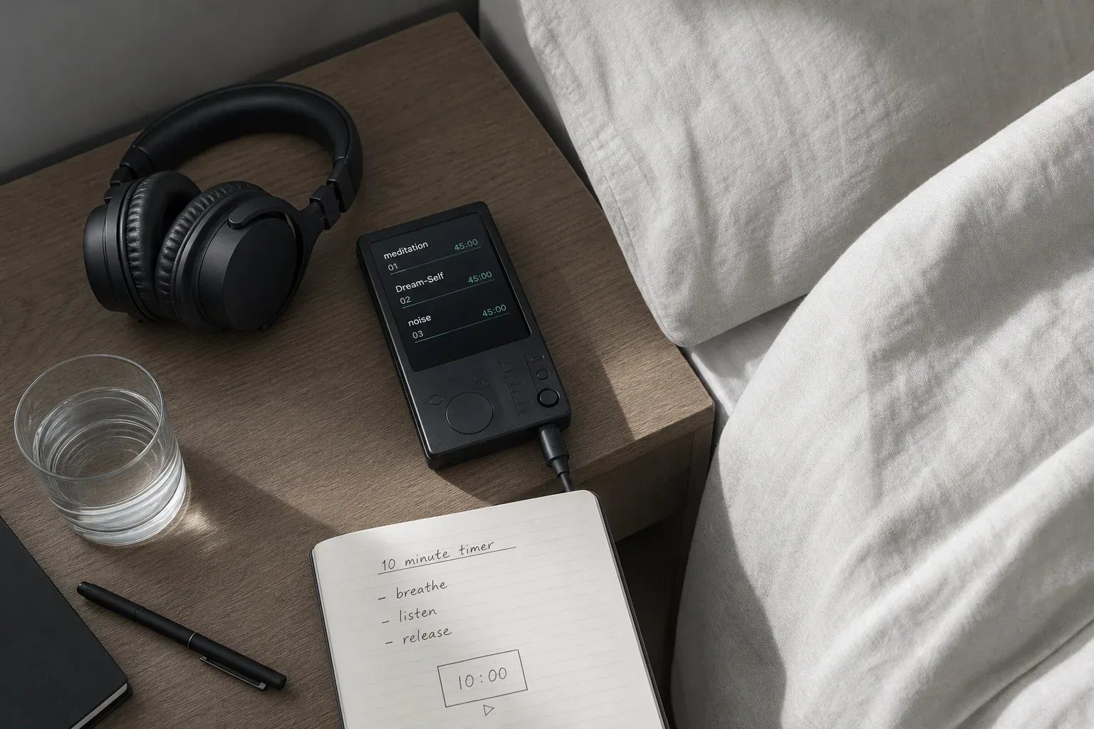 Headphones beside a dim bedside audio player