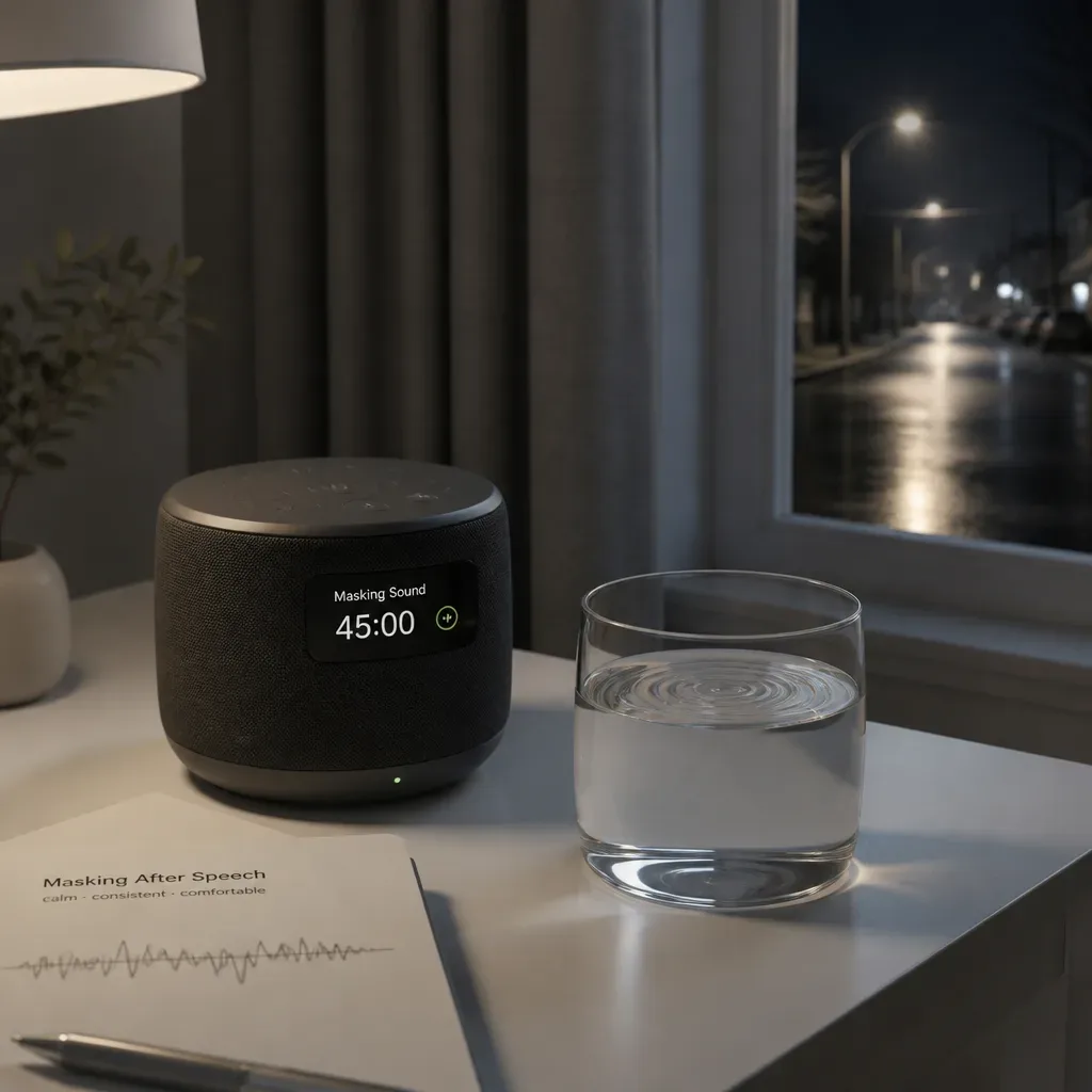 Small speaker playing low sound beside a bed