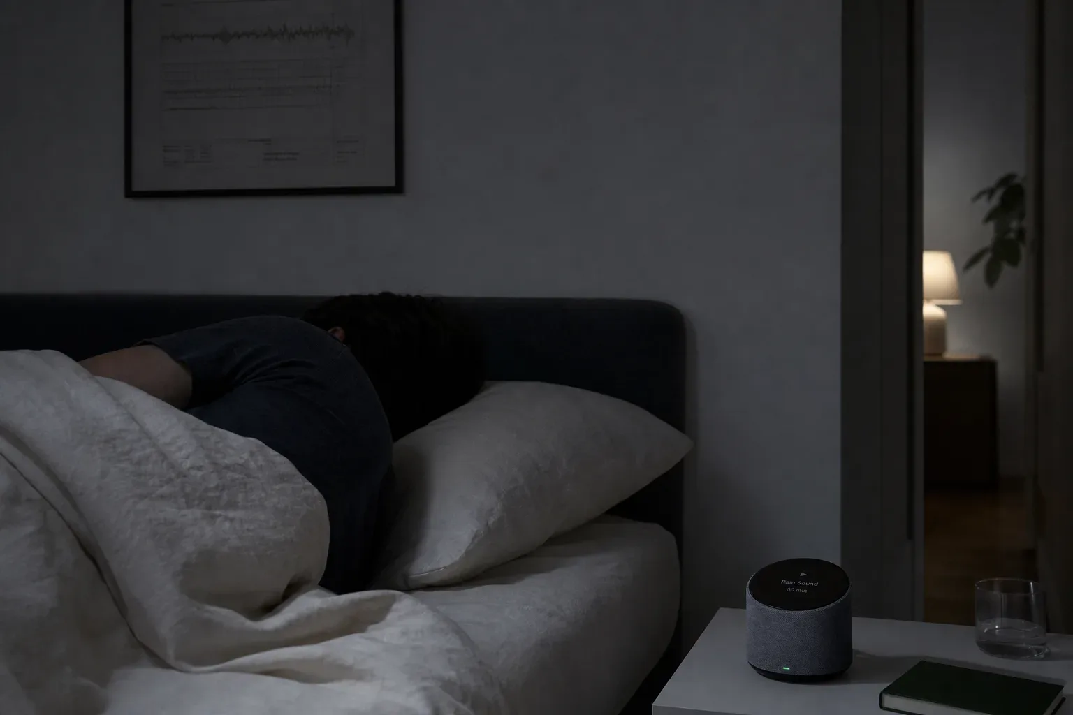 Person resting beside a soft glowing audio speaker