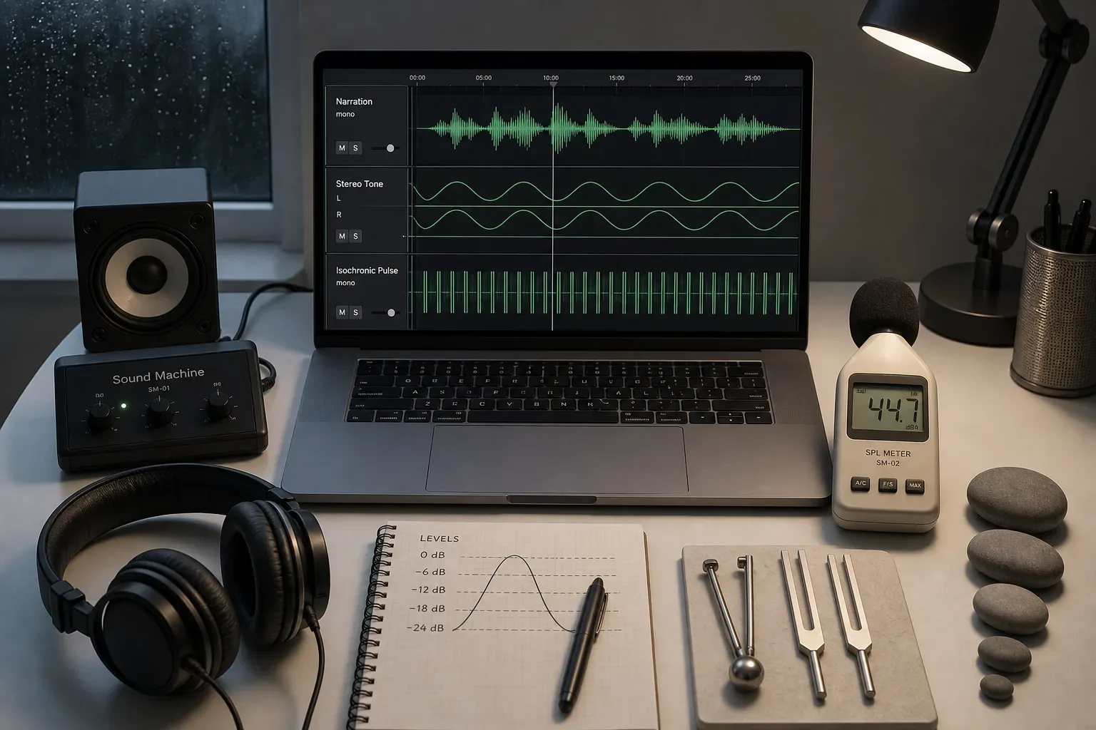 Geschichtete Wellenformen unter einer ruhigen gesprochenen Audiospur