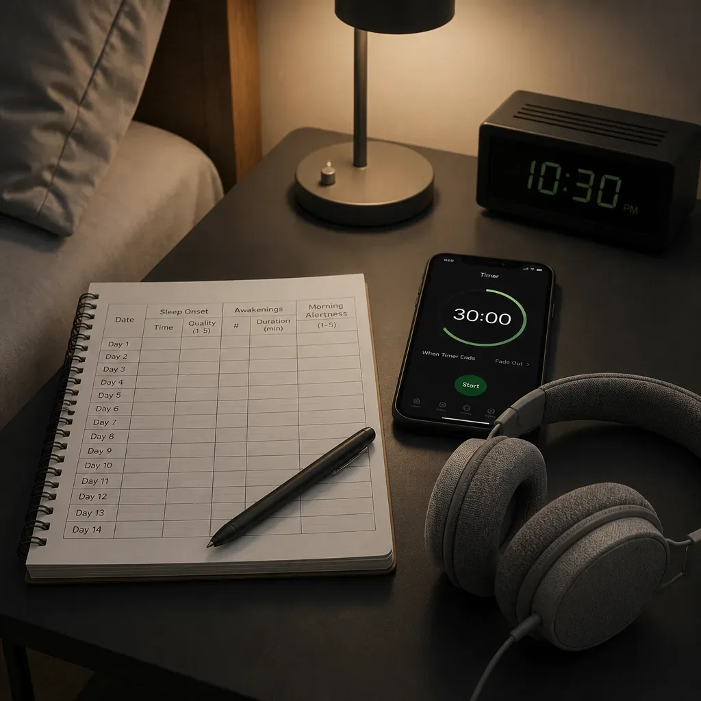Notizbuch am Bett zum Vergleichen von Schlaf-Audio-Einstellungen