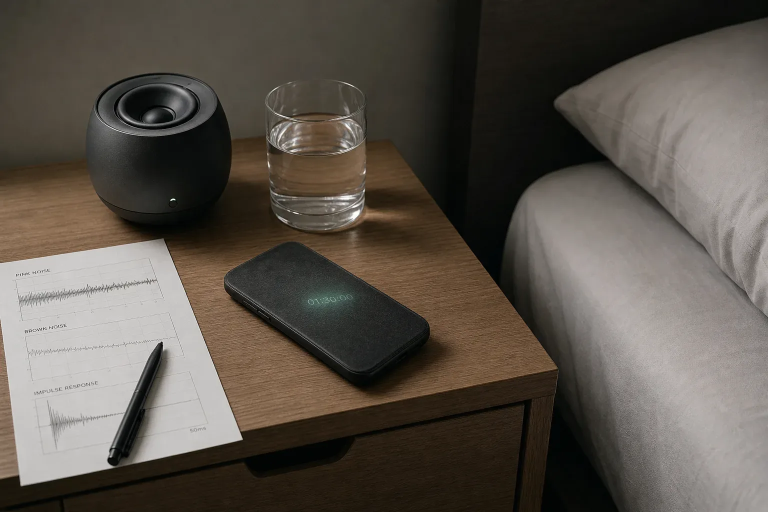 Bedside speaker and timer in a dim quiet room