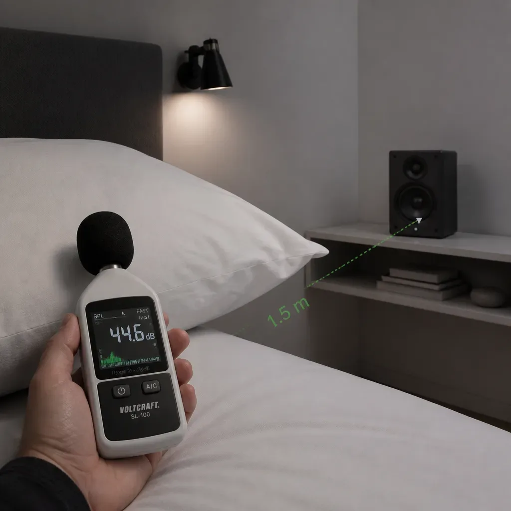 Decibel meter checking speaker volume beside a pillow