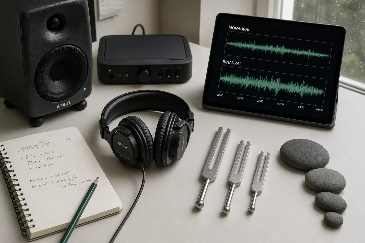 Headphones beside audio waveform on quiet desk